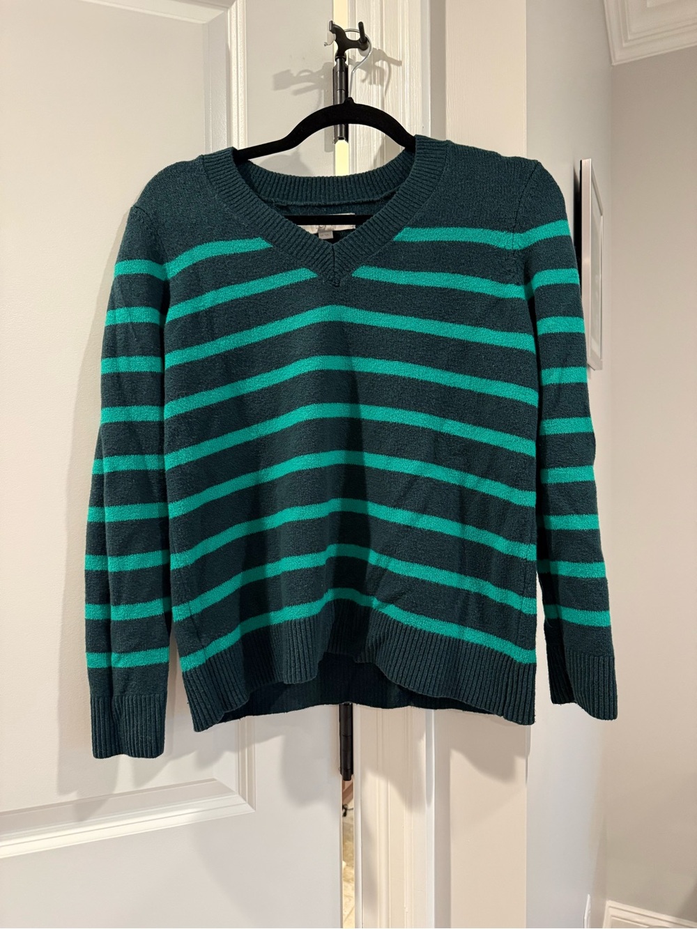 LOFT Teal and Dark Green Striped V-Neck Sweater